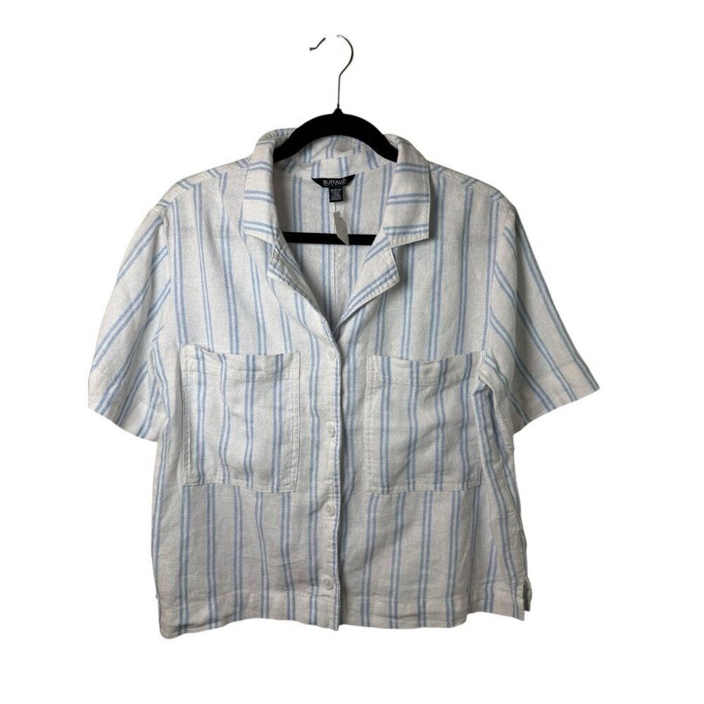 Buffalo Women's Linen Blend Short Sleeve Utility Top, Coastal Stripe, M